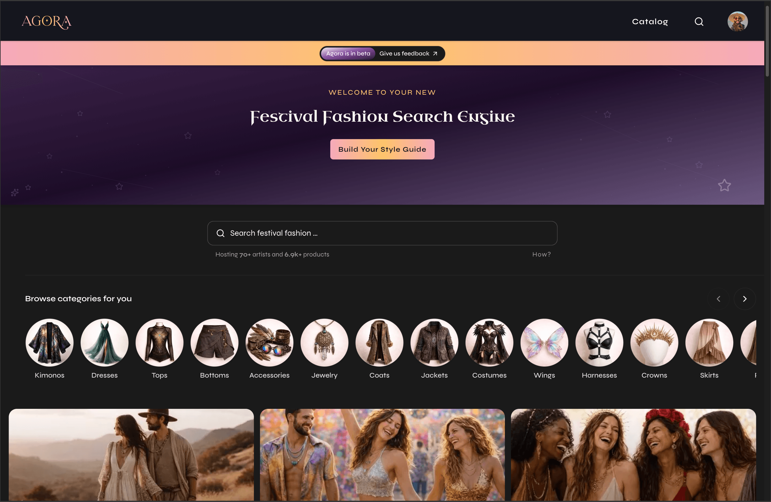 Agora V3 home — desktop discovery feed with personalized product collage