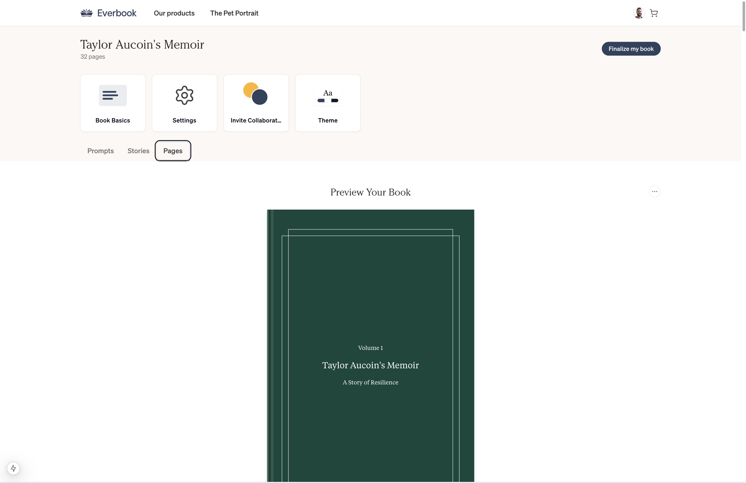 Cover preview — spine width computed from page count