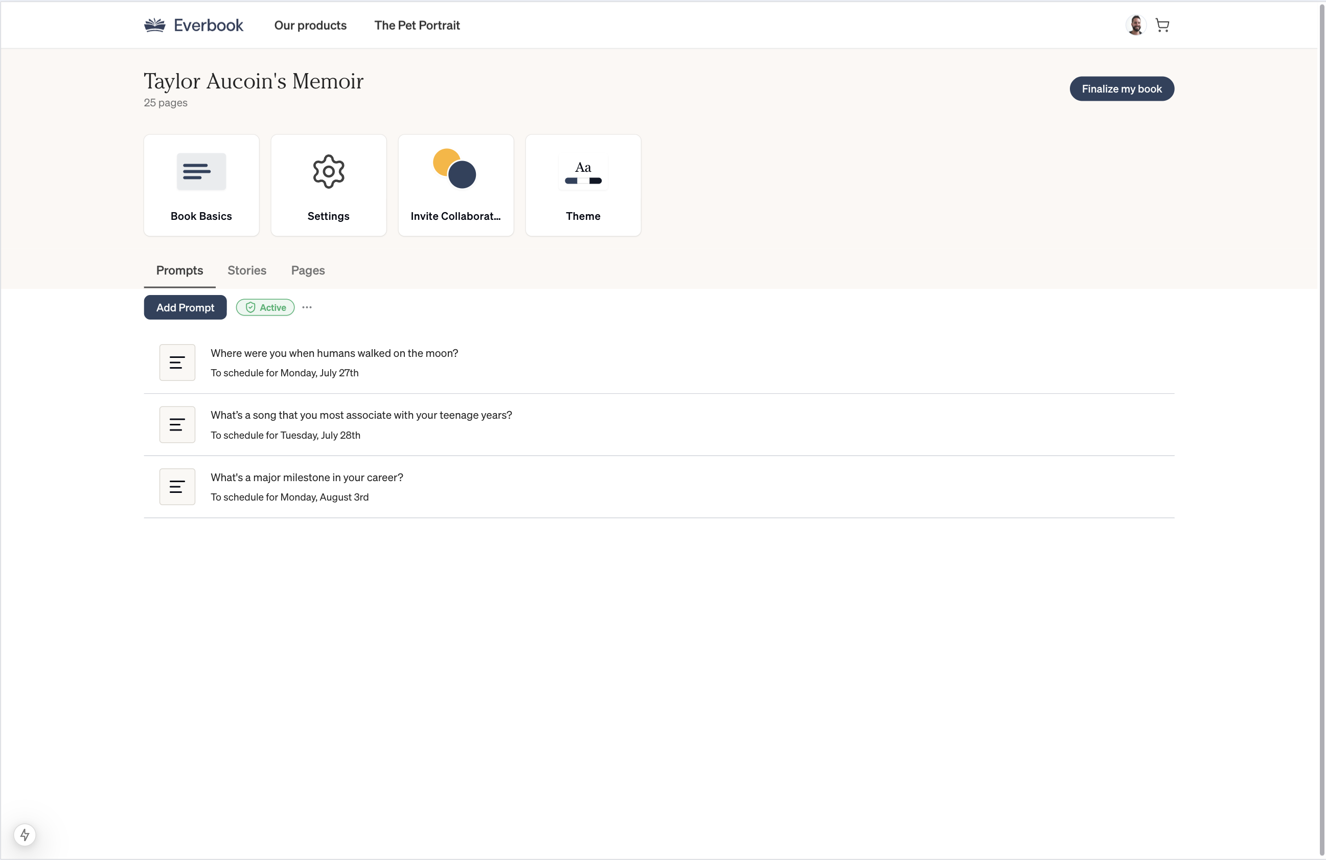 Life Story author dashboard — prompts, stories, and book settings