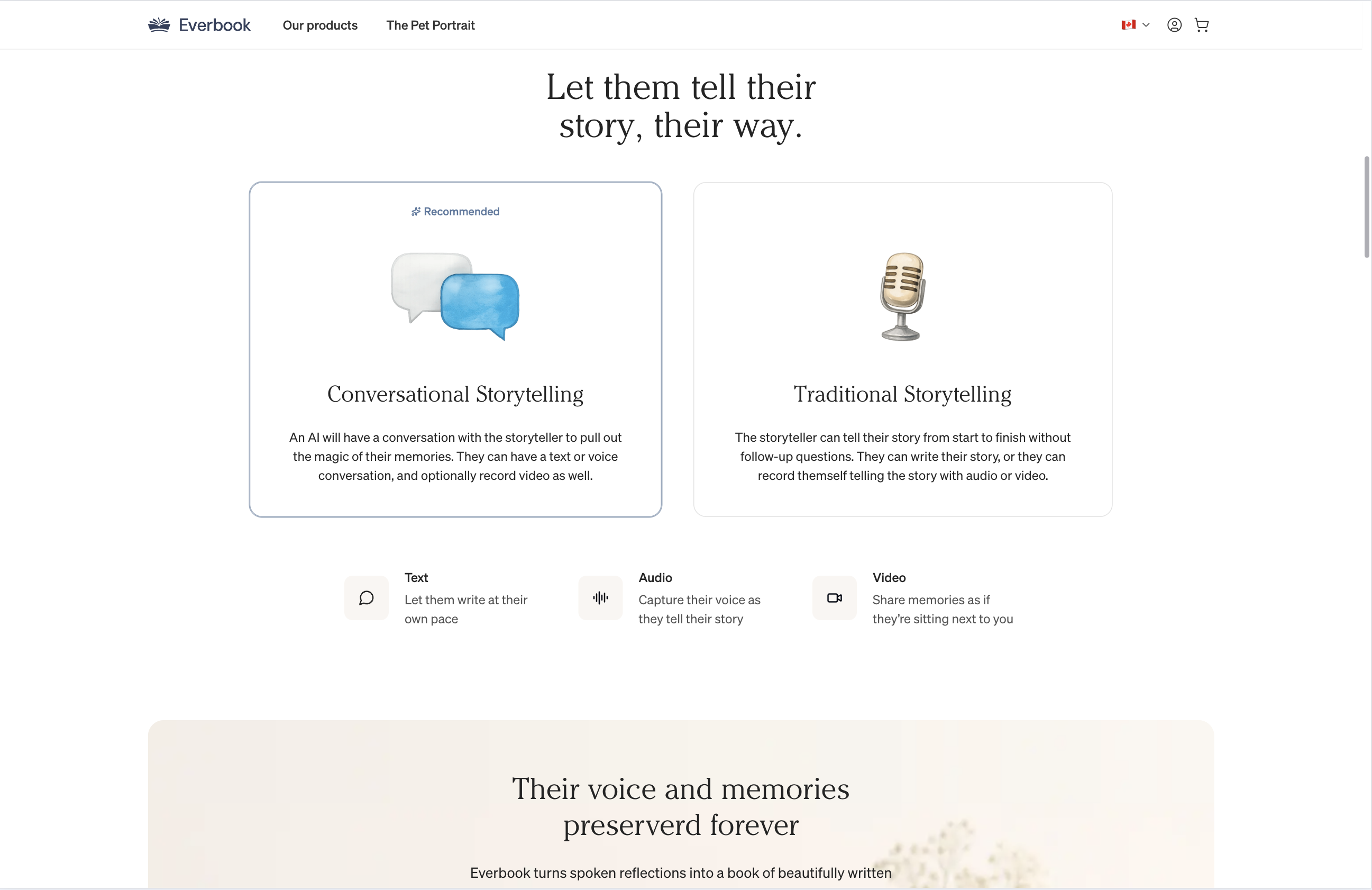 Life Story marketing page — storytelling mode selection