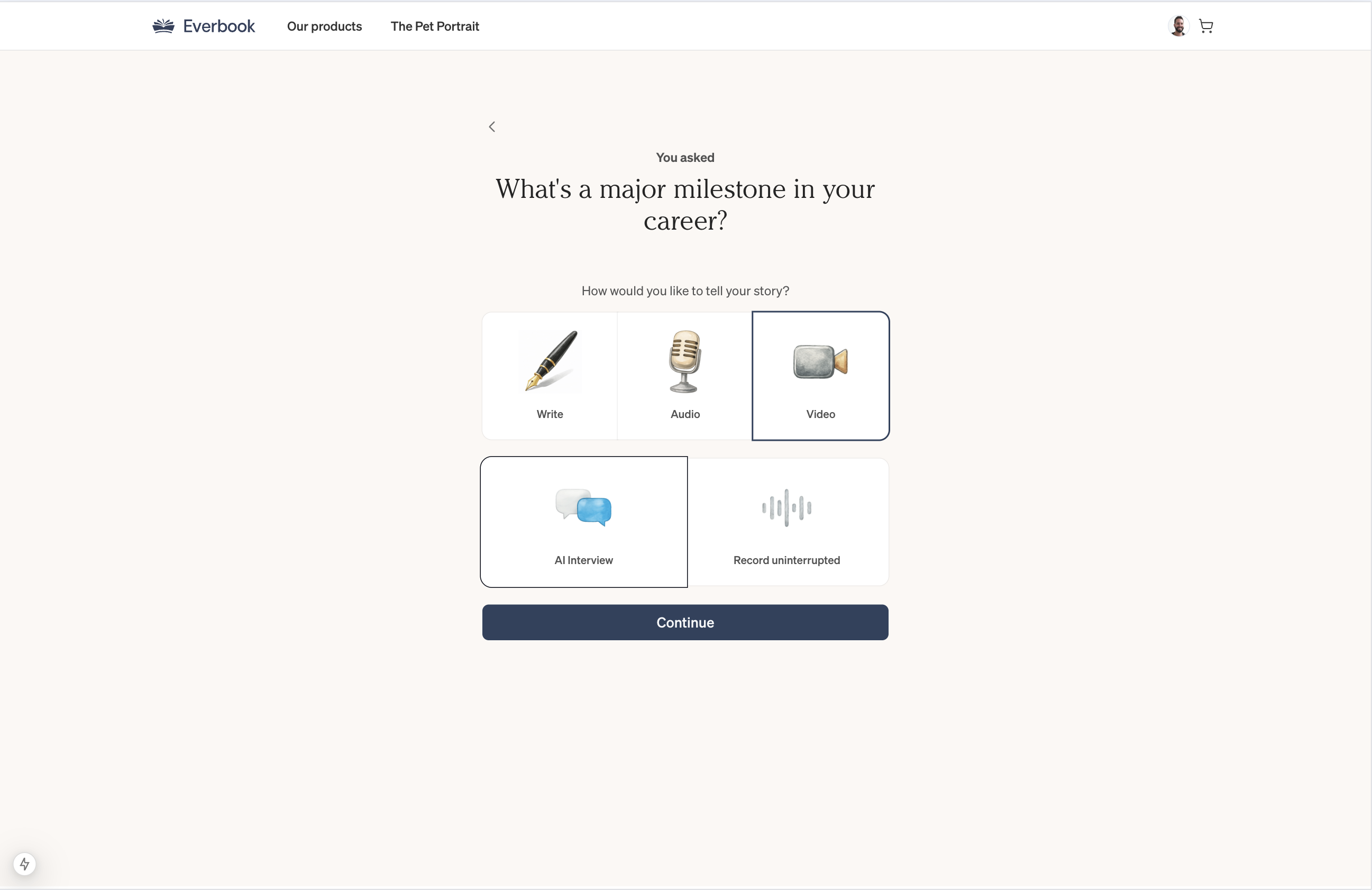 Life Story interview — prompt screen with write, audio, video, and AI interview capture modes