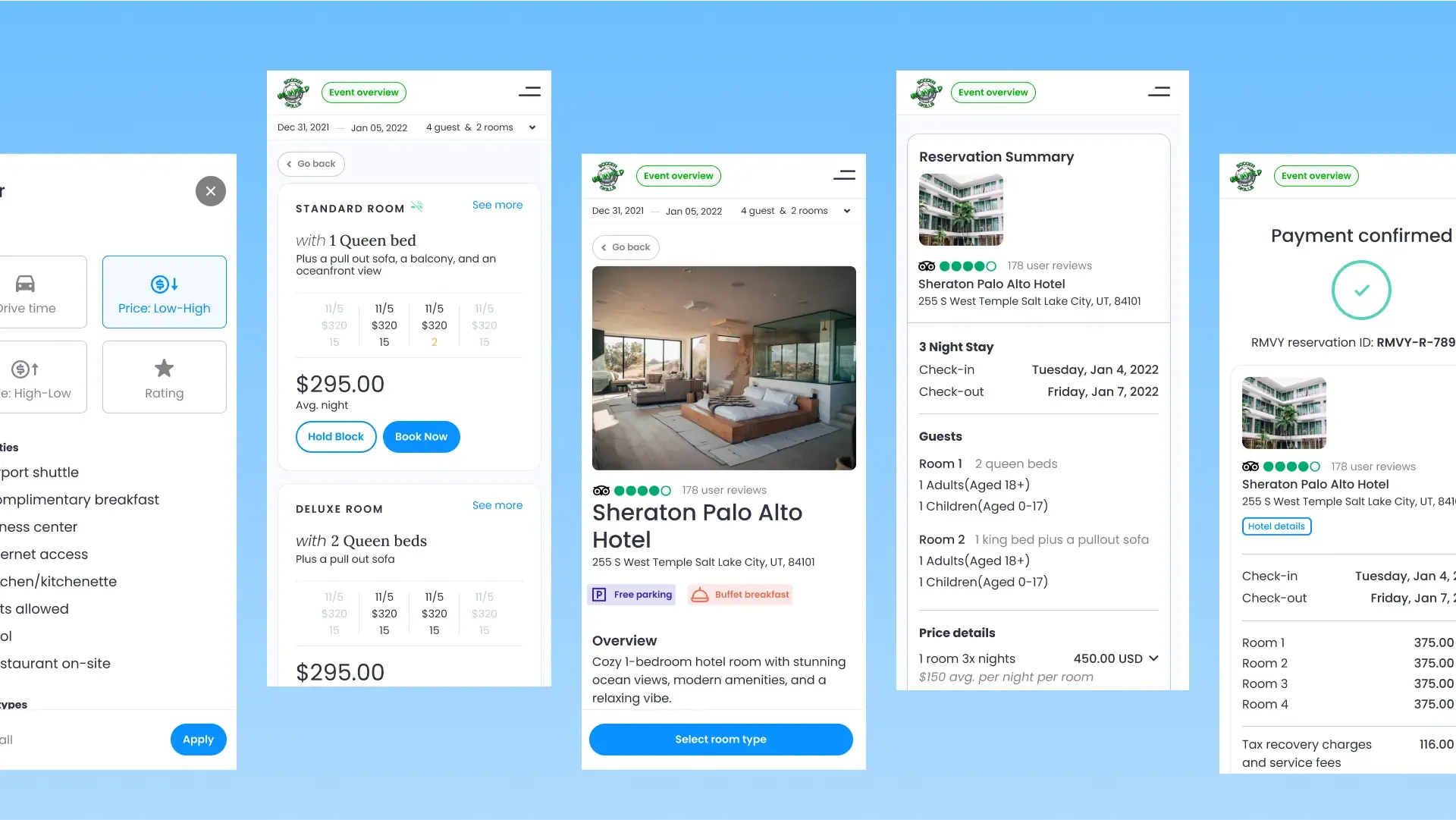 Roomvy participant booking flow — event housing reservation